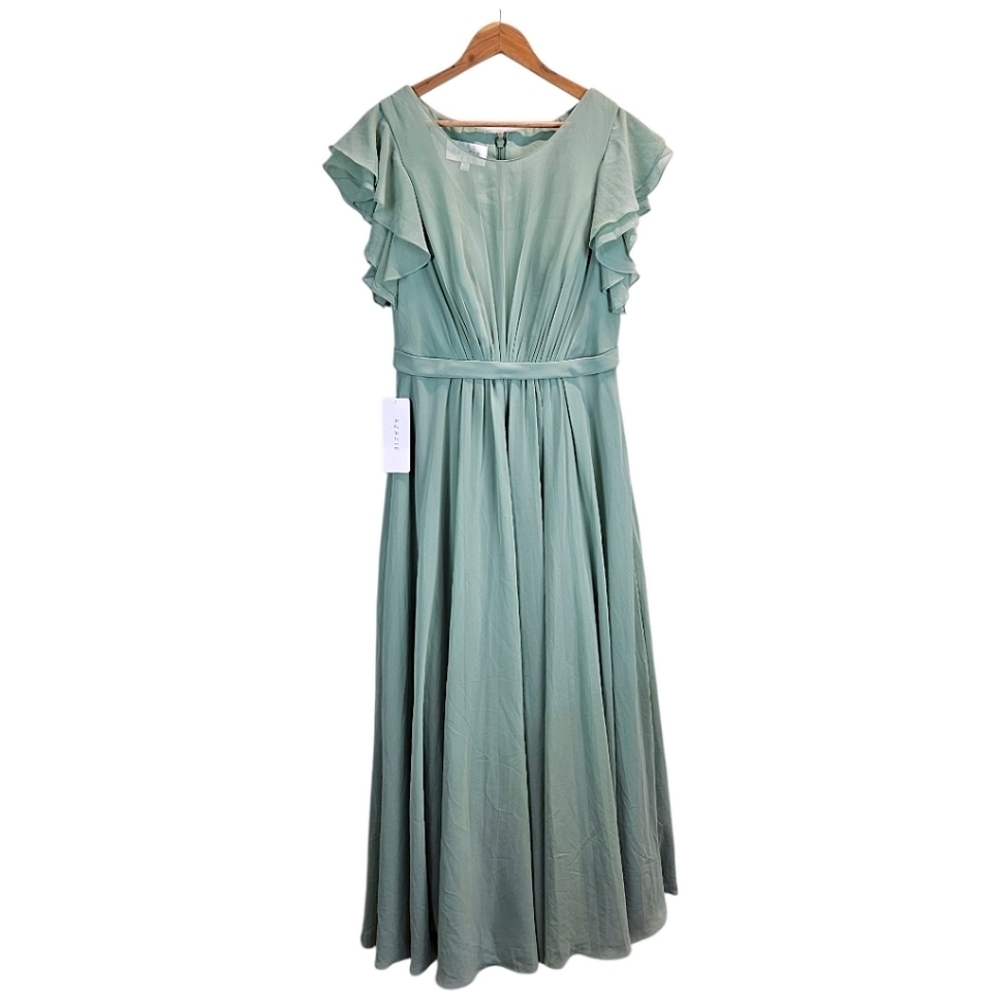 Azazie Womens Daphne A-Line Ruffled Chiffon Floor-Length Dress 14 Matcha Green - Picture 2 of 13